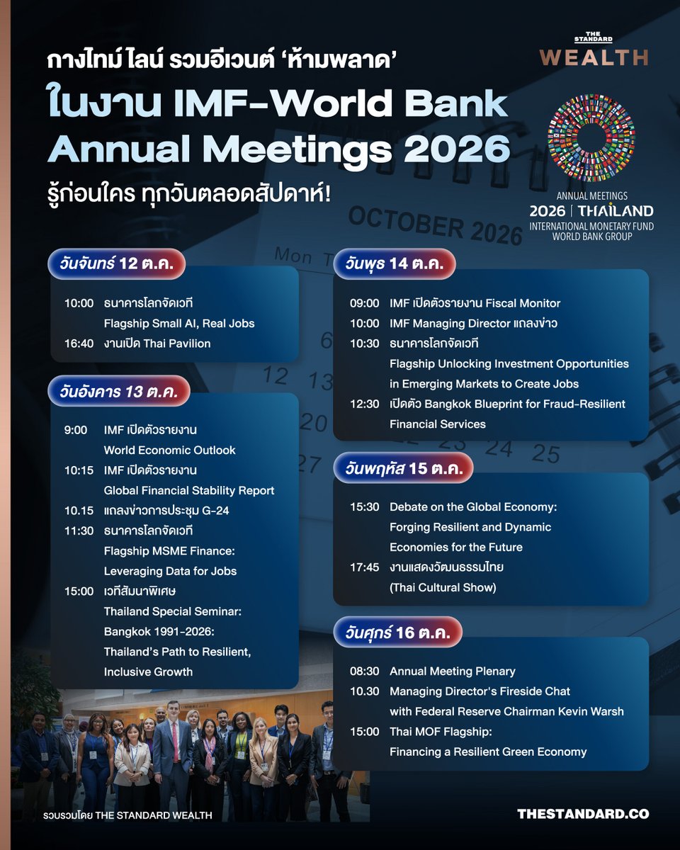 Standard_Wealth's tweet photo. กางไทม์ไลน์ 16 อีเวนต์ ‘ห้ามพลาด’ ในงาน IMF-World Bank Annual Meetings 2026 รู้ก่อนใคร ทุกวันตลอดสัปดาห์!

ไทยได้เป็นเจ้าภาพการประชุมประจำปีสภาผู้ว่าการกองทุนการเงินระหว่างประเทศ และธนาคารโลก ประจำปี 2026 (the 2026 IMF-World Bank Group Annual Meetings) ซึ่งถือเป็นโอกาสเปิดบ้านต้อนรับรัฐมนตรีว่าการกระทรวงการคลัง ผู้ว่าการธนาคารกลาง และผู้นำทางเศรษฐกิจ จากกว่า 190 ประเทศทั่วโลก ที่ศูนย์การประชุมแห่งชาติสิริกิติ์ ระหว่างวันที่ 12-18 ตุลาคมนี้

โดยตลอดทั้งสัปดาห์นี้ มีการหารือ การประชุม และสัมมนา ‘หลายร้อย’ เวที แต่ THE STANDARD คัดมา 16 อีเวนต์สำคัญที่สุดมาให้แล้ว

🟠 วันจันทร์ 12 ต.ค.

⚈ 10:00 ธนาคารโลกจัดเวที Flagship Small AI, Real Jobs ซึ่งเตรียมเสนอการใช้ AI ที่เหมาะสมกับประเทศกำลังพัฒนา เพื่อเพิ่มผลิตภาพ สร้างงาน และเปิดโอกาสให้ประชาชนเข้าถึงเทคโนโลยี

⚈ 16:40 งานเปิด Thai Pavilion ซึ่งพิธีเปิดพื้นที่จัดแสดงประเทศไทย สื่อสารศักยภาพเศรษฐกิจ วัฒนธรรม และความพร้อมของไทยในการต้อนรับผู้แทนจากทั่วโลก ซึ่งไทยได้แบ่งเนื้อหานิทรรศการออกเป็น 3 โซนหลัก ได้แก่ โซนที่ 1 Digital Public Infrastructure โซนที่ 2 Climate Resilience และโซนที่สาม Longevity

🟠 วันอังคาร 13 ต.ค.

⚈ 9:00 IMF เปิดตัวรายงาน World Economic Outlook หรือการแถลงประมาณการเศรษฐกิจโลกและประเทศสมาชิก รวมถึงทิศทางการเติบโต เงินเฟ้อ และความเสี่ยงสำคัญ

⚈ 10:15 IMF เปิดตัวรายงาน Global Financial Stability Report ซึ่งเป็นรายงานภาวะตลาดการเงินและความเสี่ยงต่อเสถียรภาพระบบการเงินโลก ซึ่งอาจส่งผลต่อตลาดทุนและต้นทุนทางการเงินของไทย

⚈ 10.15 แถลงข่าวการประชุม G-24

⚈ 11:30 ธนาคารโลกจัดเวที Flagship MSME Finance: Leveraging Data for Jobs ซึ่งเป็นการนำเสนอการใช้ข้อมูลและนวัตกรรมทางการเงินเพื่อขยายสินเชื่อให้ธุรกิจรายย่อยและสนับสนุนการจ้างงาน

⚈ 13.30 เวที Thai Minister of Finance Flagship Event - Building Resilience in a Fragmented World ซึ่งเป็นเวทีหลักของไทยว่าด้วยการรับมือความแตกแยกทางเศรษฐกิจโลก ส่งเสริมความร่วมมือและยกระดับความสามารถในการรับมือความเสี่ยง

⚈ 15:00 เวทีสัมมนาพิเศษ Thailand Special Seminar: Bangkok 1991-2026: Thailand’s Path to Resilient, Inclusive Growth การนำเสนอบทเรียนการเปลี่ยนผ่านเศรษฐกิจไทยจากการเป็นเจ้าภาพครั้งก่อนสู่แนวทางเติบโตอย่างทั่วถึงและยืดหยุ่น

🟠 วันพุธ 14 ต.ค.

⚈ 09:00 IMF เปิดตัวรายงาน Fiscal Monitor ซึ่งเป็นการแถลงแนวโน้มหนี้สาธารณะ ภาระดอกเบี้ย และแนวทางสร้างความยั่งยืนทางการคลังภายใต้ความไม่แน่นอน

⚈ 10:00 IMF Managing Director แถลงข่าว กรรมการจัดการ IMF แถลงทิศทางเศรษฐกิจโลกและประเด็นเชิงนโยบายสำคัญในการประชุมประจำปี

⚈ 10:30 ธนาคารโลกจัดเวที Flagship Unlocking Investment Opportunities in Emerging Markets to Create Jobs ซึ่งเป็นการหารือการระดมเงินทุนภาคเอกชนสู่ตลาดเกิดใหม่ เพื่อเพิ่มการลงทุน โครงสร้างพื้นฐาน และการสร้างงาน

⚈ 12:30 เปิดตัว Bangkok Blueprint for Fraud-Resilient Financial Services หรือการเปิดตัวข้อพิจารณาเชิงนโยบายเพื่อป้องกันการฉ้อโกงทางการเงิน เสริมการประสานงานระหว่างประเทศและความเชื่อมั่นในระบบการเงิน

🟠 วันพฤหัส 15 ต.ค.

⚈ 15:30 Debate on the Global Economy: Forging Resilient and Dynamic Economies for the Future เวทีอภิปรายระดับสูงเกี่ยวกับการปรับนโยบายเศรษฐกิจเพื่อรับมือความผันผวนและสร้างความสามารถในการแข่งขัน โดยเวทีนี้มีคริสตาลินา กิออร์กิเอวา กรรมการจัดการ IMF และดร. เอกนิติ นิติทัณฑ์ประภาศ รองนายกรัฐมนตรี และรัฐมนตรีว่าการกระทรวงการคลัง ร่วมอภิปราย

⚈ 17:45 งานแสดงวัฒนธรรมไทย (Thai Cultural Show) ซึ่งเป็นกิจกรรมเผยแพร่อัตลักษณ์ไทยและศิลปวัฒนธรรม โดยเฉพาะการแสดงมวยไทย เหมาะสำหรับการจัดทำภาพข่าวบทบาทไทยในฐานะเจ้าภาพ

🟠 วันศุกร์ 16 ต.ค.

⚈ 08:30 Annual Meeting Plenary พิธีเปิดการประชุมเต็มคณะและถ้อยแถลงผู้นำ ติดตามการถ่ายทอดสดได้ แต่การเข้าห้องประชุมจริงจำกัดเฉพาะผู้ได้รับอนุญาต

⚈ 10.30 Managing Director's Fireside Chat with Federal Reserve Chairman Kevin Warsh ติดตามมุมมองผู้นำ IMF และประธานธนาคารกลางสหรัฐฯ ต่อเศรษฐกิจโลกและแนวโน้มการดำเนินนโยบายการเงิน

⚈ 15:00 Thai MOF Flagship: Financing a Resilient Green Economy ไทยนำเสนอแนวทางการจัดหาเงินทุนเพื่อการปรับตัวต่อการเปลี่ยนแปลงสภาพภูมิอากาศและการเปลี่ยนผ่านสู่เศรษฐกิจสีเขียว

ทั้ง 15 อีเวนต์ที่สรุปมานี้ไม่ใช่แค่เรื่องของตัวเลขเศรษฐกิจบนหน้ากระดาษ แต่คือการกำหนดนโยบายระดับโลกที่จะส่งผลกระทบโดยตรงถึงปากท้อง การจ้างงาน และทิศทางดอกเบี้ยในกระเป๋าของพวกเราทุกคน งานนี้จึงเป็นทั้งเวทีโชว์ศักยภาพของไทย และเป็นโอกาสสำคัญที่เราจะได้เห็นทิศทางเศรษฐกิจโลกอย่างใกล้ชิด

#TheStandardWealth