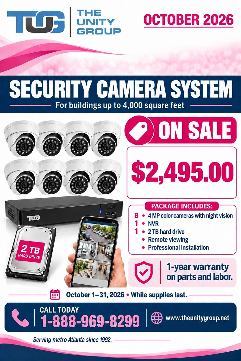 UnityGroupAtl's tweet photo. On sale: $2,495.00. 8-camera system + installation for buildings up to 4,000 sq. ft. Call 1-888-969-8299 | https://t.co/k89d7om9Ay #SecurityCameras #VideoSurveillance #SecuritySystem #CommercialSecurity #TheUnityGroup https://t.co/LRj6g7pwvt