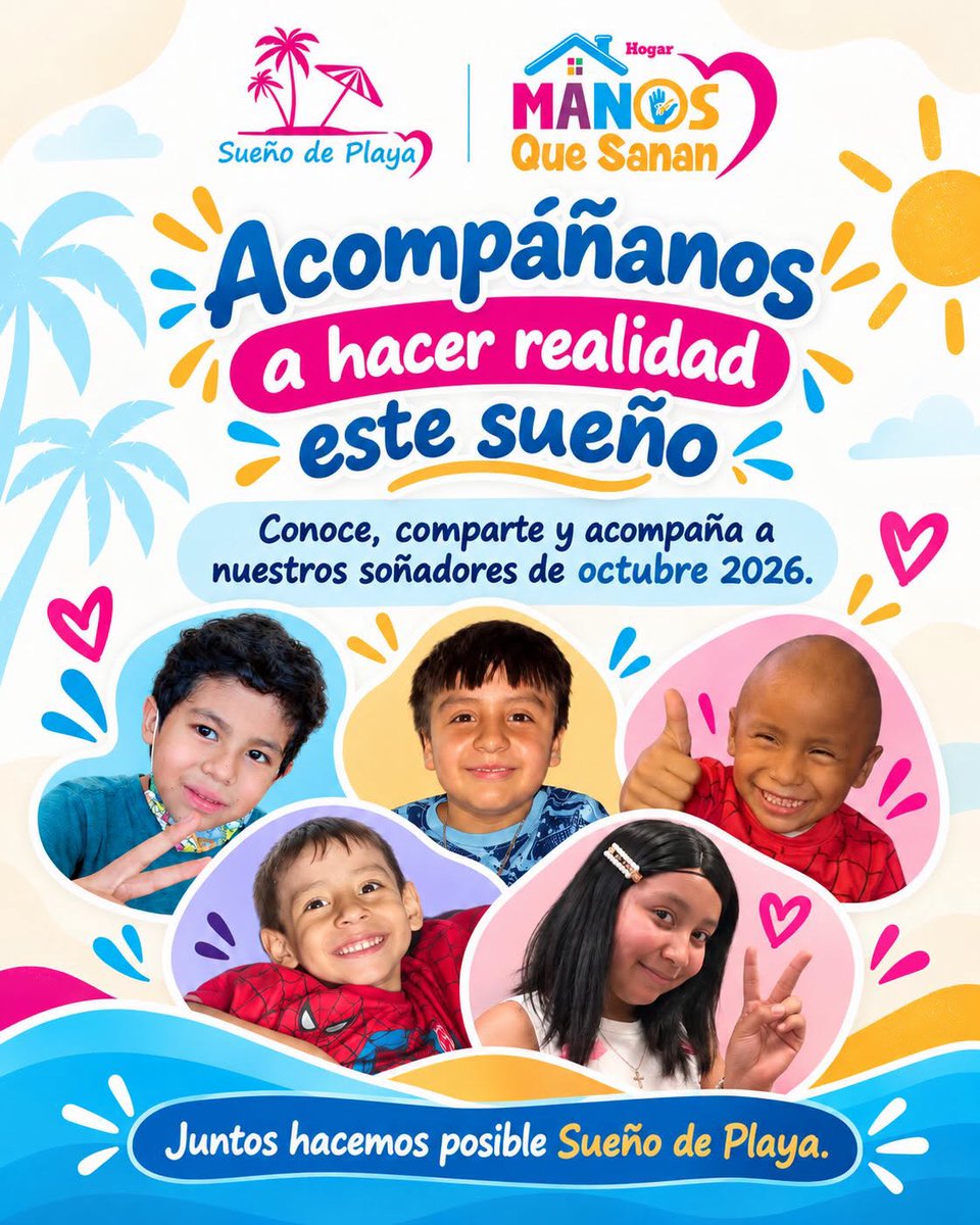 manosquesanan's tweet photo. ¡Ellos son nuestros soñadores de #SueñoDePlaya! 🏝️ Gael, Mateo, Dieguito, Mauricio y Ary van al mar en 5 días. Acompáñanos a regalarles recuerdos llenos de amor, sonrisas y el cuidado que merecen. 💙 #ManosQueSanan #SueñosQueSanan https://t.co/75w48cAnwU