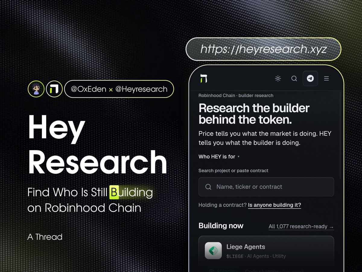 OxEden_'s tweet photo. Robinhood Chain has been a pure attention game in the last few months

With so many tokens launching, finding projects isn't the hard part anymore

The real problem is figuring out which ones have actual builders behind them, who's still shipping, and who's making progress beyond the chart

@HeyResearch is built to answer exactly that

It helps you look beyond price action and see what projects are actually building, with evidence to back it up.

Here's how HeyResearch Lab works and how I use it to research projects on Robinhood Chain

$HEY 🧵↓