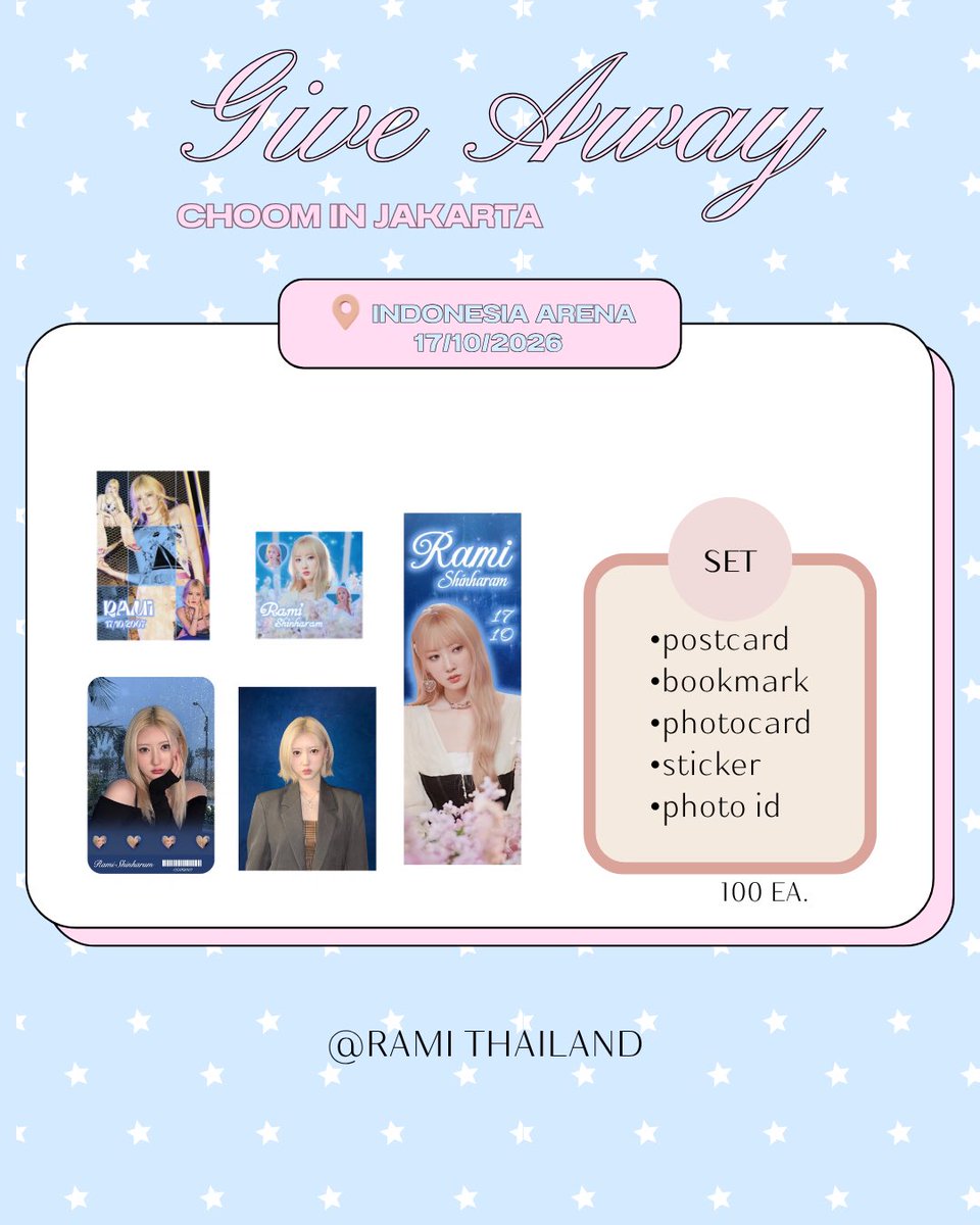 RAMI_THAILAND's tweet photo. 𝑪𝑯𝑶𝑶𝑴 𝒊𝒏 𝑱𝑨𝑲𝑨𝑹𝑻𝑨

Giveaway for Monstiez! 
Photocard Set — 100 sets 

📍 Indonesia Arena
🗓️ 17 October 2026

#RAMI #BABYMONSTER 
#RamiBirthday2026 https://t.co/ov4HIb9eCs