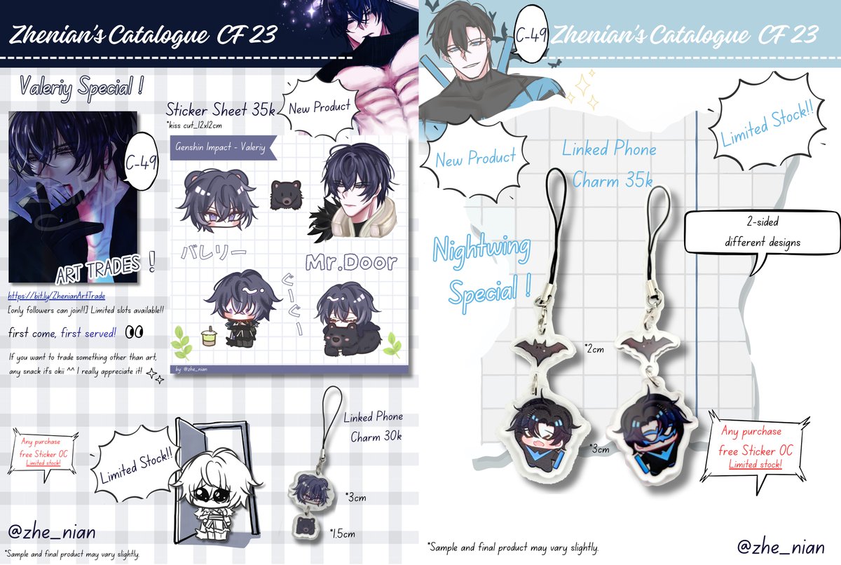 Zhenian_'s tweet photo. Hello, Here's My #CF23 catalogue
🩵&amp;🔁 are appreciated!

📍Booth Still WIP  || C-49
Fandom : Genshin,HSR, JJK, YUGIOH, LADS, Nightwing, OC

I also open PO&amp;Art Trade if you want to join the link are in the reply

Hope we can say hi and do art trade🥹

#cf23catalogue #comifuro23 https://t.co/iQS4MTnU7s