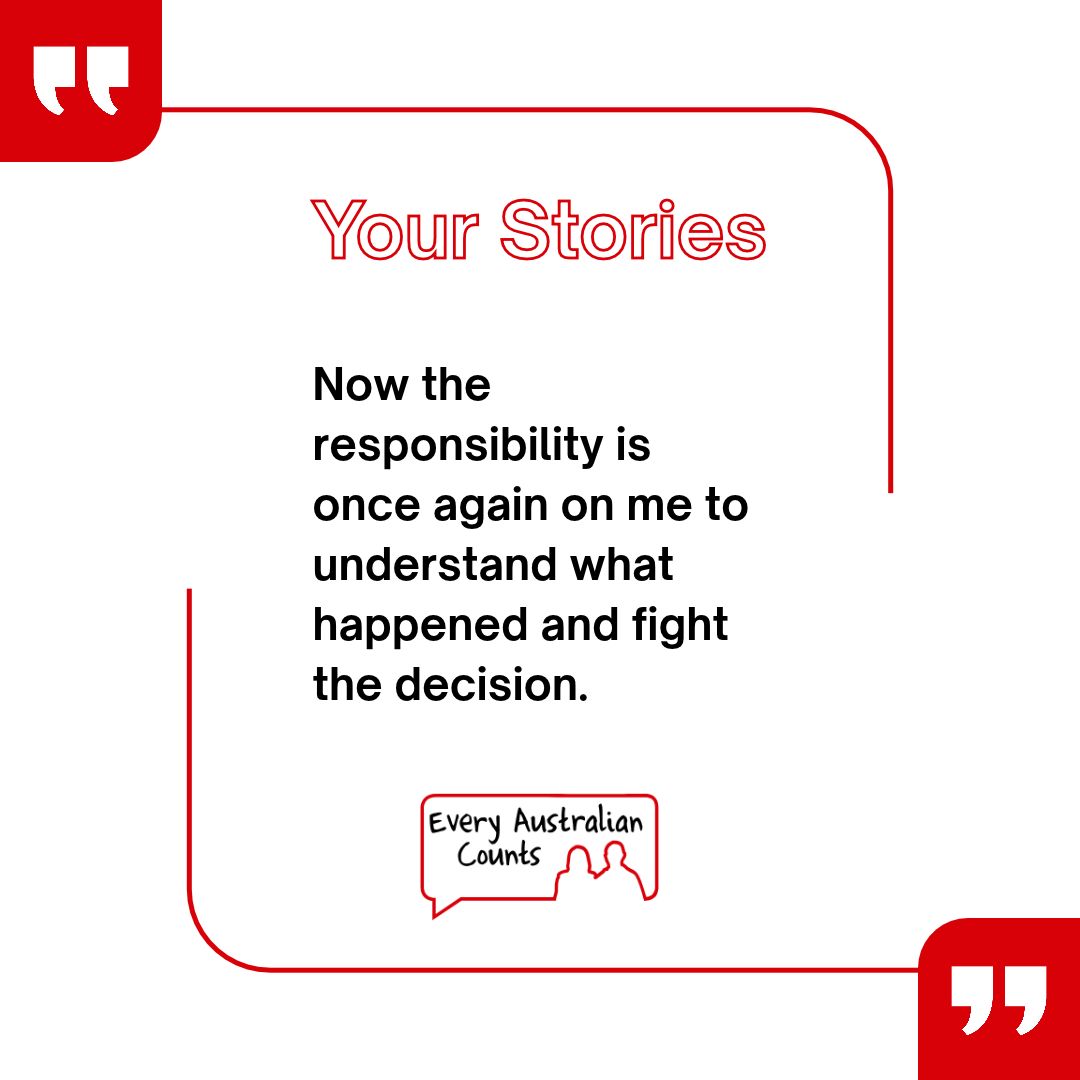EveryAustralian's tweet photo. “Now the responsibility is once again on me to understand what happened and fight the decision.”
After asking the NDIS for more support, an autistic person’s funding was cut.
The process should not be a barrier.
📣 https://t.co/wlyiBm9rLo
#DocumentTheDamage #ProtectOurNDIS https://t.co/Kspl4Dp4Ox