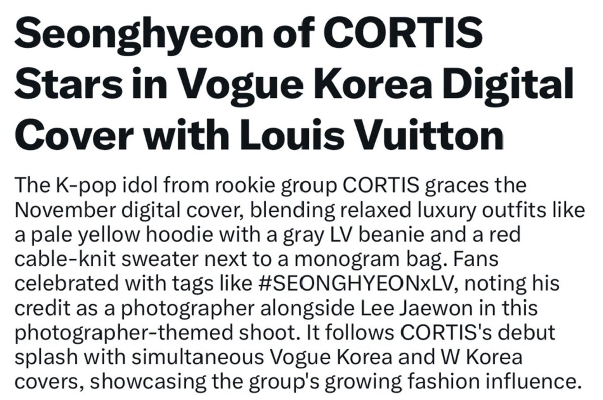 SEONGHYEONINA's tweet photo. 🌟 Seonghyeon of CORTIS Stars in Vogue Korea Digital Cover with Louis Vuitton 🌟

SEONGHYEON kembali sukses menjadi perbincangan hangat oleh penggemar setelah foto-fotonya dibalut dengan gaya elegan Louis Vuitton diunggah oleh Vogue Korea.  SEONGHYEON terlihat luar bisa dalam balutan pakaian dari Louis Vuitton, tapi yang menjadikannya lebih spesial adalah SEONGHYEON juga mendapat kredit sebagai salah satu Photographer untuk edisi digital cover Vogue Korea.  Bukan hanya visual yang memikat, tetapi juga kreativitas dan bakat yang patut diapresiasi. Dari depan kamera hingga di balik lensa, Seonghyeon terus menunjukkan bahwa dirinya memiliki lebih banyak hal untuk ditawarkan. A beautiful face, a creative mind, and an artist worth watching. 

Sukses selalu, SEONGHYEON! 🤍

#성현 #SEONGHYEON #ソンヒョン  #코르티스