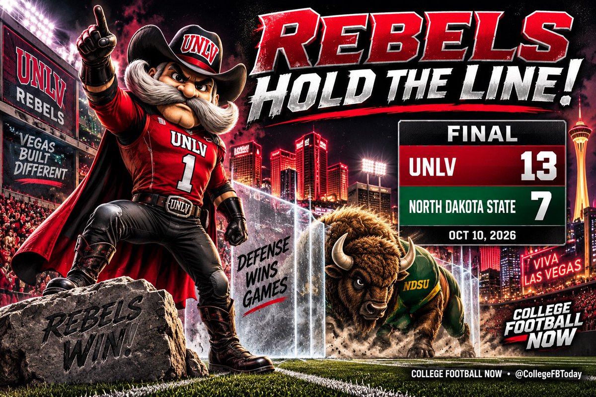 CollegeFBToday's tweet photo. @unlvfootball #BEaREBEL ๐ฅ REBELS HOLD THE LINE!
FINAL: UNLV 13, North Dakota State 7.
The Rebels shut down the Bison in a defensive battle and protect Vegas!
@NDSUfootball #GoBison https://t.co/SgPrRM99Cv
