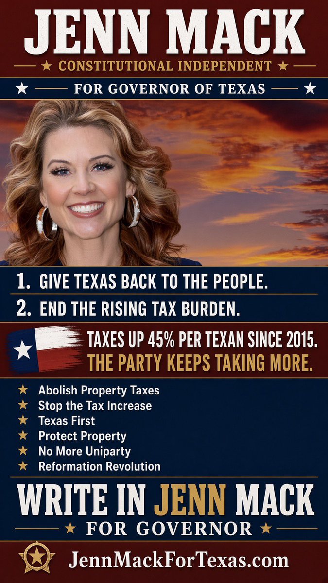 cptxorg's tweet photo. After 12 years of Greg Abbott as Governor of Texas, there is a record. If it weren’t for the “R” by his name, you might confuse him for the other side.

Since 2015, the PER CAPITA TAX BURDEN HAS INCREASED BY 45%.

Greg’s record. Gina’s agenda.

We don’t remember this being among his campaign promises in ANY of his 4 campaigns, do you?

Do you want a Governor of Texas who is of the Party, or of the People?

November 3
Write in JENN MACK
for Governor of Texas

#JennMack @IamtheGlitch_TX 
#ReformationRevolution

Not Red. Not Blue. Just Texas.          

#texas #jennmack #texans #governor #taxes 

https://t.co/8A1dRNfo7T