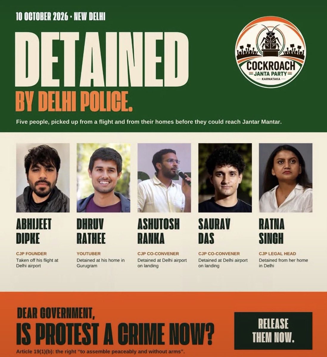 mdanasbharti's tweet photo. Why are these still behind the bars ?

Abhijeet Dipke @abhijeet_dipke — CJP Founder
Dhruv Rathee @dhruv_rathee YouTuber
Ashutosh Ranka @AshutoshRanka — CJP Co-convener
Saurav Das  @SauravDassss — CJP Co-convener
Ratna Singh  @whattalawyer — CJP Legal Head
#IStandWithDhruvRathee https://t.co/xRF8FJeTOM