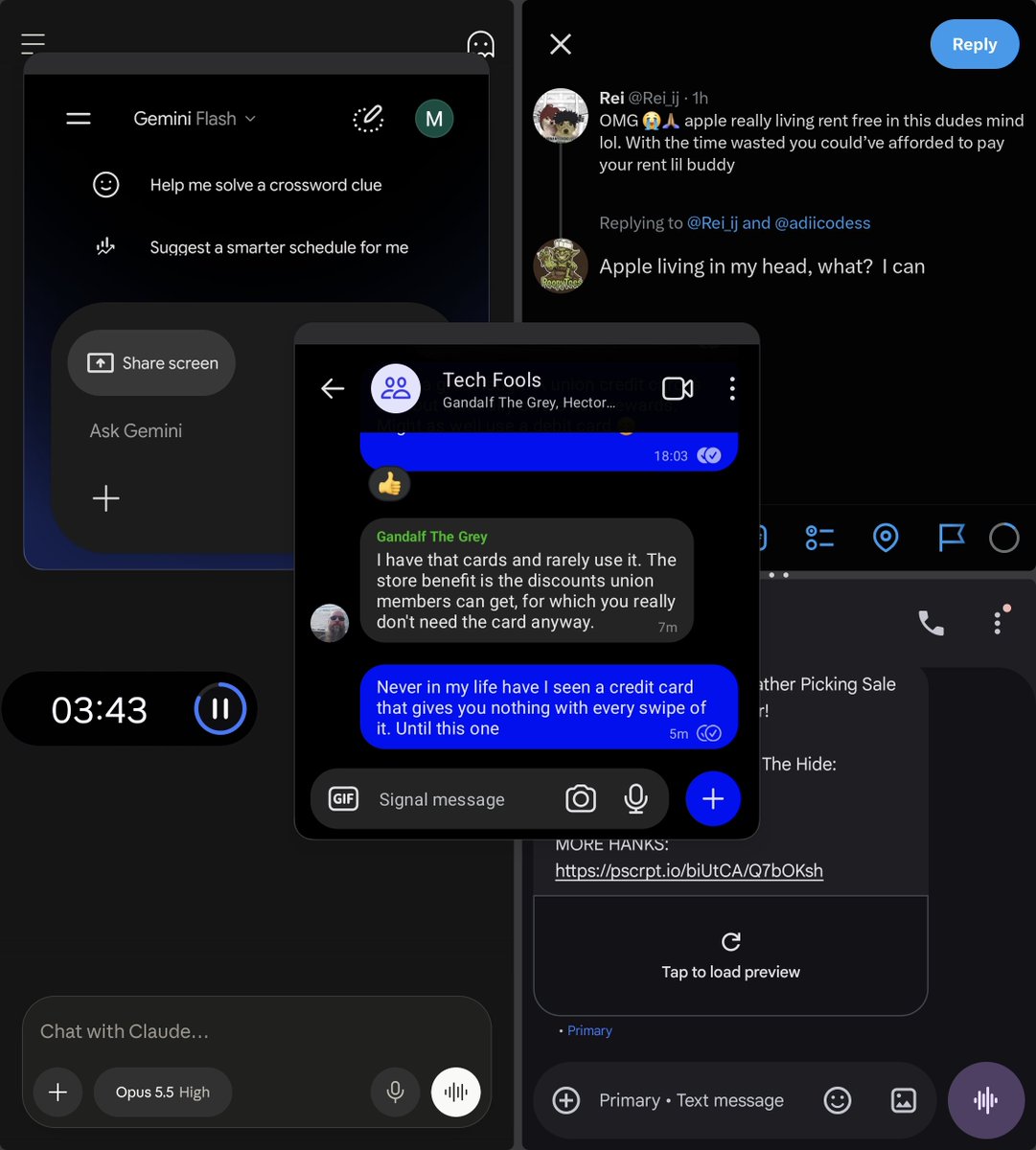 ThePoopyToes's tweet photo. @Rei_ij @adiicodess Apple is in my head, what? I can make fun of you and apple while running a floating timer and hilariously more apps at once compared to Samsung Duo. Z fold 8 ultra is in a different league. Get on this level beech 😆 https://t.co/FLteFaeVxW