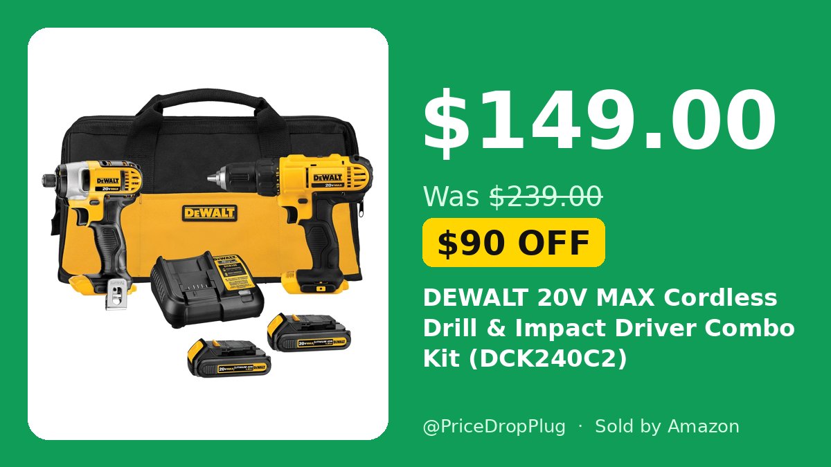 PriceDropPlug's tweet photo. DEWALT 20V MAX DRILL + IMPACT DRIVER KIT ONLY $149?? 🔥

Was $239, 38% OFF! 2 batteries, charger + bag included 🤯

https://t.co/gVjxgmSHR9

#ad https://t.co/LSurJrRVeY