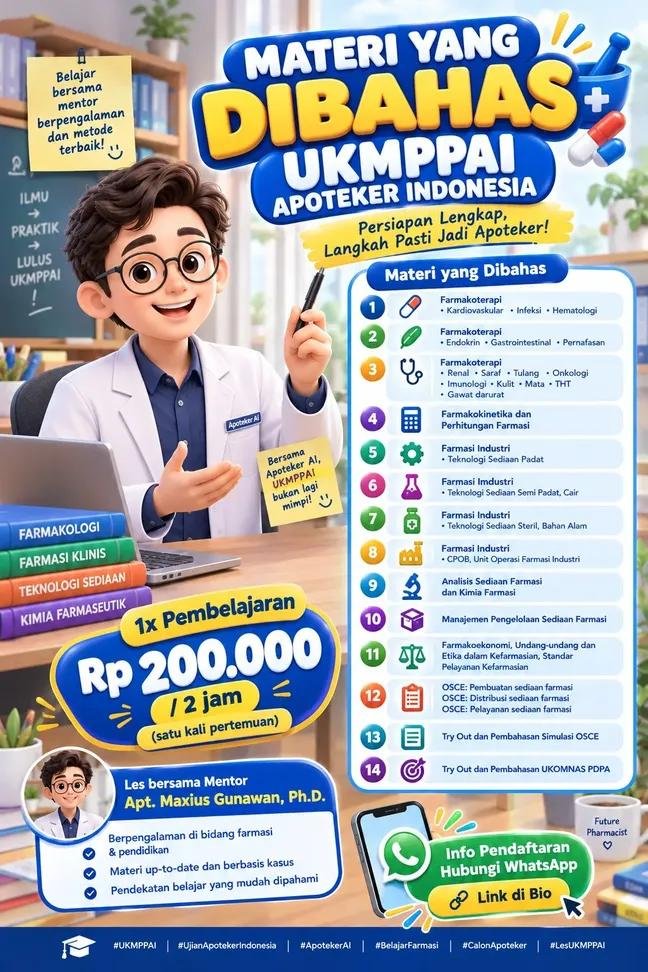 maxiusgunawann's tweet photo. 💊 Calon Apoteker, siap menghadapi UKOMNAS PDPA?
Belajar farmakoterapi, perhitungan farmasi, teknologi sediaan, OSCE, hingga try out bersama apt. Maxius Gunawan, Ph.D. 🎓
💰 Rp200.000/sesi | 2 jam
📲 Daftar: https://t.co/LIX2MuuJ8h
📱 WA: 089674394949

#UKOMNASPDPA #UKMPPAI #UKAI https://t.co/0fVqaWVtJ4