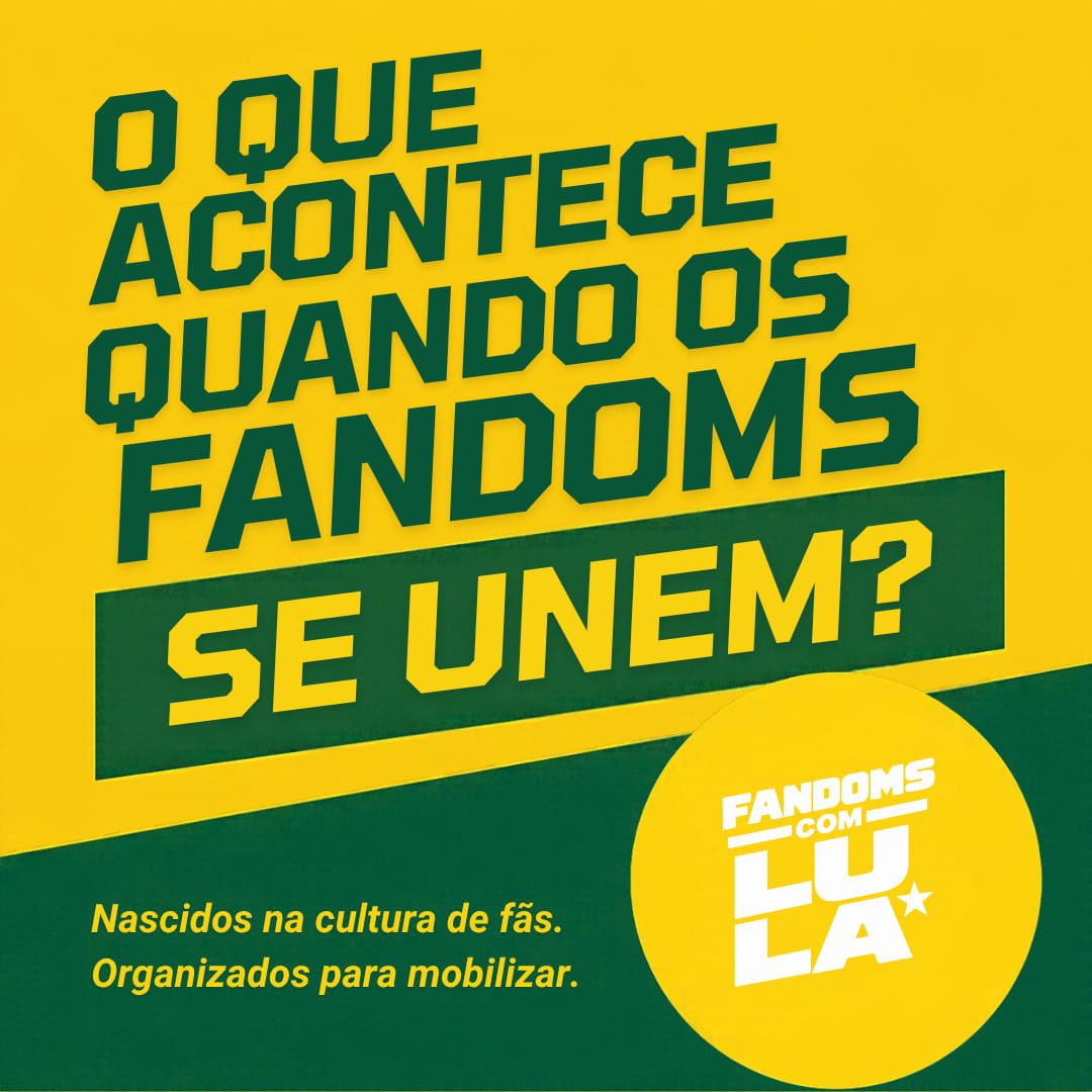 fandomscomlula's tweet photo. O Fandoms com Lula surgiu espontaneamente no Twitter, quando fãs que não se conheciam começaram a se conectar e perceberam que poderiam unir forças por um objetivo comum.

A iniciativa partiu de @Central_Fresno, @acesaintsatine, @PortalAdelaBr, @acervymariah, @jaywonacervo_, @lulacervo, @PrettyJiBrasil e @BrasilMOO.

Hoje, somos a maior ação conjunta de fandoms que já existiu no Brasil em prol da democracia, reunindo mais de mil fã-clubes e páginas de diferentes artistas e estados brasileiros em uma mobilização voluntária pela eleição de Lula.

Somos fãs que decidiram transformar a experiência e a força das nossas comunidades em participação política, levando o diálogo para além dos próprios fandoms.

Uma construção coletiva feita por fãs de todo o Brasil.