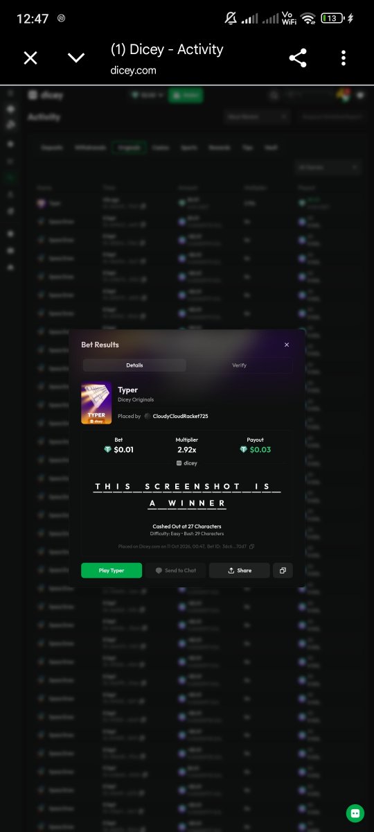 kumaharan54091's tweet photo. @DiceyHQ manifest it till you win it. 2.92x multiplier secured @DiceyHQ #PlayTYPER ๐๐ฅ https://t.co/VtA1QSpKs0