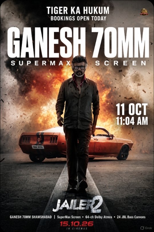 Ganesh70MM's tweet photo. TIGER KA HUKUM  
BOOKINGS OPEN 11:04 AM | GANESH 70MM SUPERMAX

🎟️ District lo book cheseyandi.  
ONE TIGER. ONE THALAIVAR. ONE MASS EXPERIENCE.

#Jailer2 @rajinikanth
@sunpictures @MythriRelease
@Ganesh70MM #DontWatchFeelIt https://t.co/RF4VMZDVfl