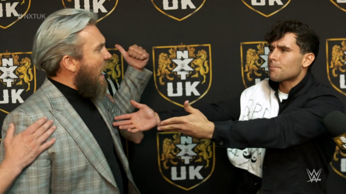NXTUK_Legacy's tweet photo. Oct. 10, 2019:
At Brentwood Centre, Noam Dar's interview with Alicia Taylor was interrupted by Trent Seven.
As officials separated the two, Dar sucker-punched Seven, resulting in a future match being made between them. #NXTUK
๐ธ WWE https://t.co/vpzUURIfcO