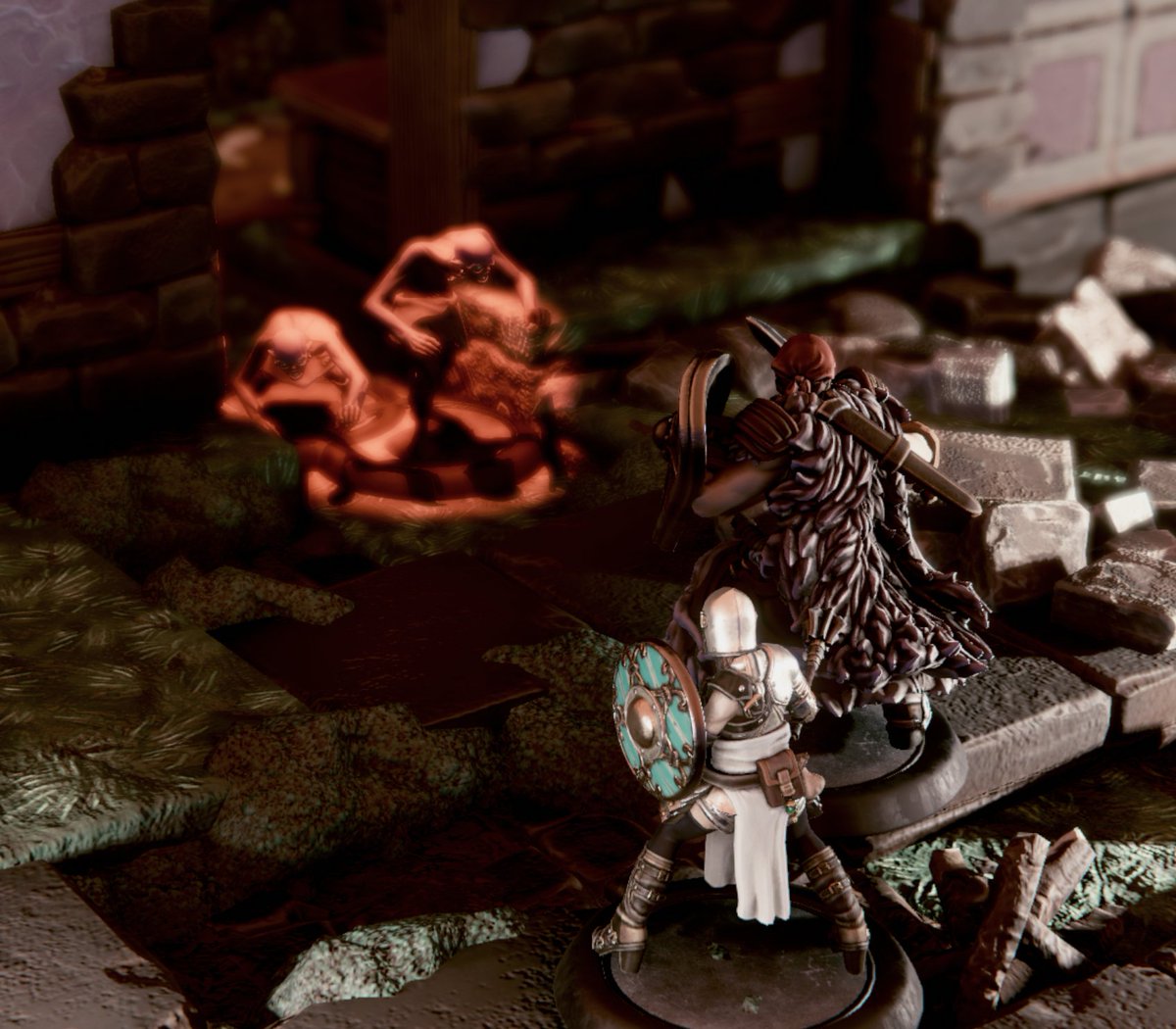 heimdal_3's tweet photo. #SoloRPG
礼拝堂を探索するPCは、ワンダリングモンスターに遭遇。出現したのは「人間(ただし外見通りではない)」。
うめく人間のふりをする知恵を付けたグール×4…ということにしたが、クレリックがたまたまディテクトイビルを覚えていたので殺意を看破。ターンを成功させて各個撃破する。 https://t.co/bYYZDe6i8K