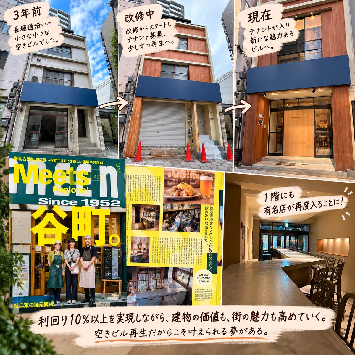 Sunoosaka's tweet photo. 長堀通沿いの小さな小さな空きビル🏢

3年前、改修から始まり、テナント募集、そして再生へ。

今日、なんと嬉しいニュースが✨

入居する2店舗が有名雑誌3誌に掲載され、さらに1階にも新たに有名店が入居することに👏

投資利回り13%以上を実現しながら、建物の価値も高めていく。

空きビル再生だからこそ叶えられる夢がある。

古い建物に新しい命を吹き込み、
人が集まり、街が輝いていく。

この仕事をしていて本当によかった❤️

日々、感謝と感動。
そして、ワクワクが止まらない✨

#空きビル再生 #不動産再生 #ビル再生 #不動産投資 #大阪不動産 #街づくり #女性経営者 #SUN