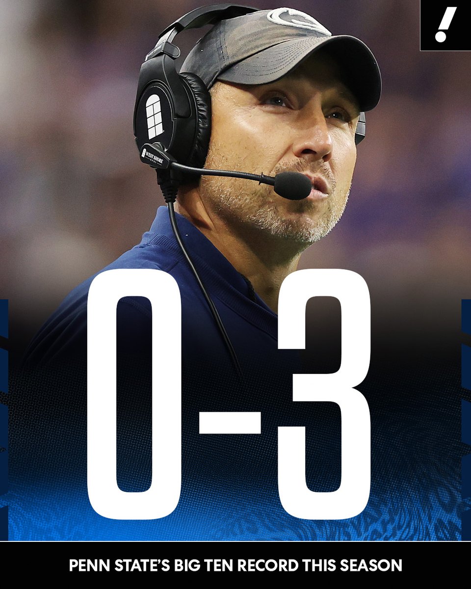 YahooSports's tweet photo. Penn State is still winless in conference play in Year 1 under Matt Campbell 😬 

The Nittany Lions are now 3-3 overall, the same record James Franklin had when he was fired last year 👀 https://t.co/n1jGXg9Swk