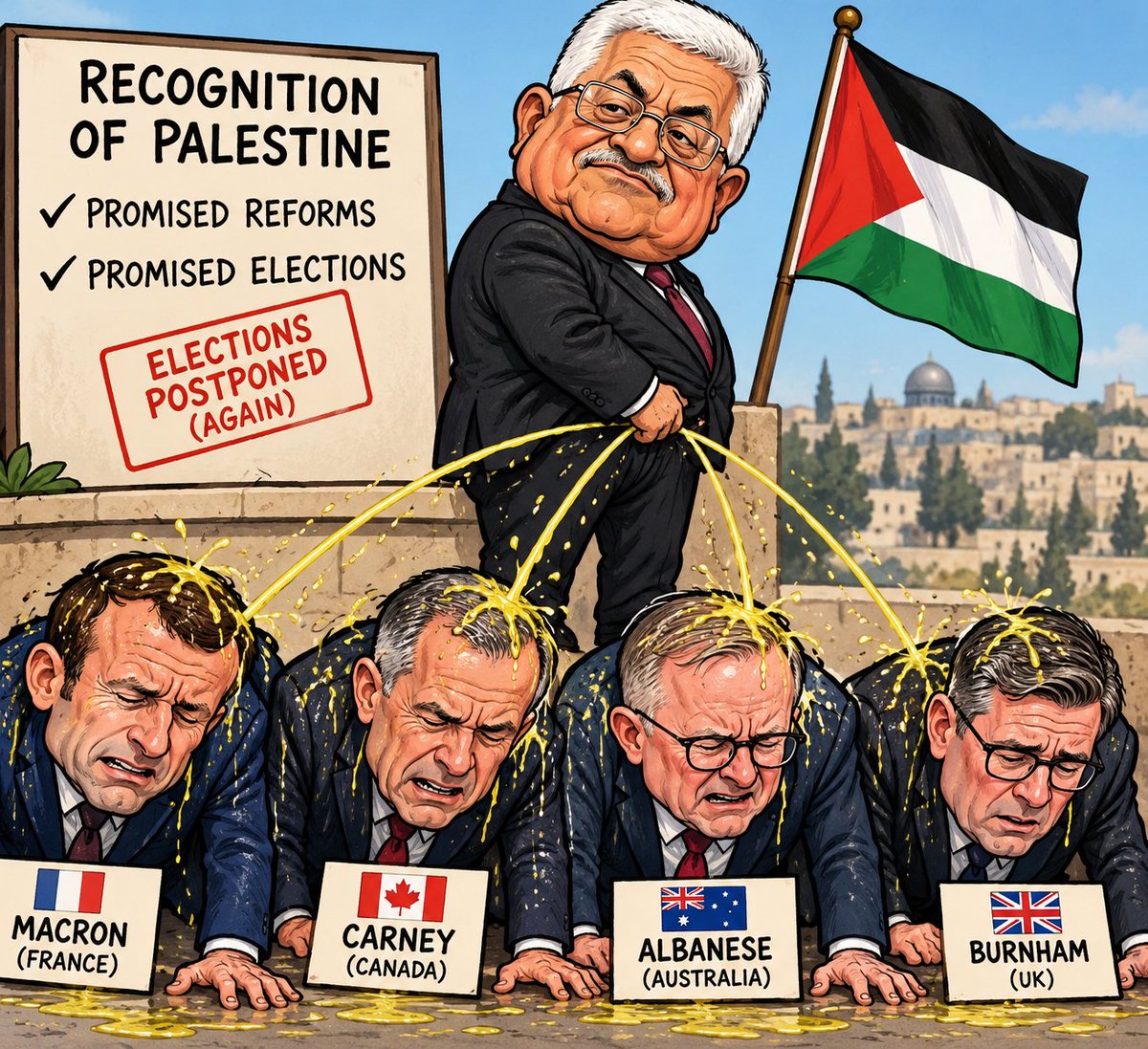 MauriceHirsch4's tweet photo. Dictator Abbas thanks @EmmanuelMacron @MarkJCarney, @AlboMP and @andyburnham/@Keir_Starmer for recognizing the non-existent "State of Palestine."
They paid up-front for a product Abbas had no intention to ever deliver. https://t.co/DwCI03b04P
