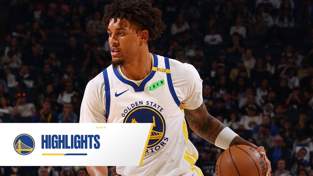 The image shows a Golden State Warriors player in a white jersey, holding a basketball in an arena, with a "HIGHLIGHTS" graphic overlay and the Warriors logo in the bottom left corner. The accompanying caption highlights Yaxel Lendeborg's impressive stat line of 23 points, 10 rebounds, 6 assists, and 10-of-14 shooting in a win over the Kings.