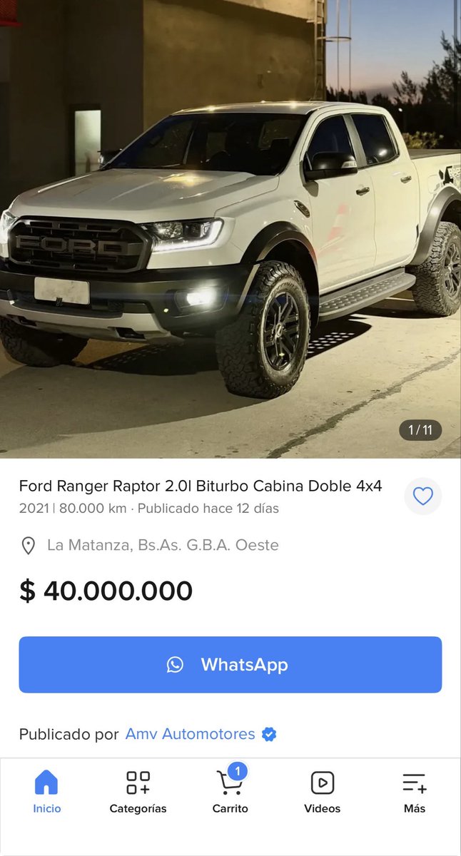 Manugartemendia's tweet photo. 😱Es una LOCURA lo barata que está esta Ford Ranger Raptor en Mercado Libre!!

💸Cuesta 40 palos (US$26.376) y es 2021, o sea no es de las mas viejas que son del 2020.

👌Encima tiene 80.000km (no es mucho) y tiene más de 400 burros🔥

🔗Link a la oferta:
https://t.co/hKkrTURNwk https://t.co/qOxnwAjzxz