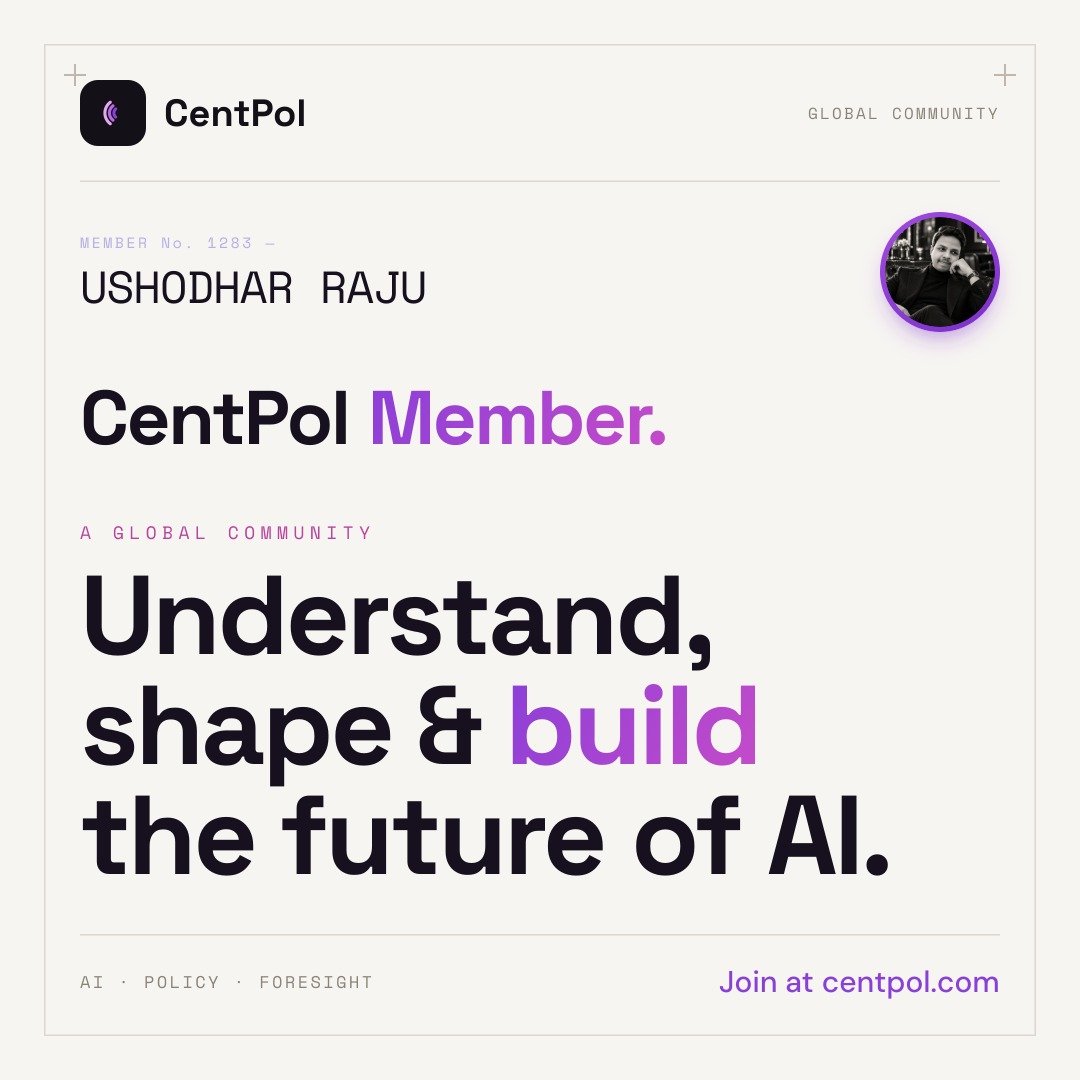 ushodharraju's tweet photo. I’m happy to share that I have joined CentPol — a global community focused on understanding, shaping, and building the future of AI.

#Finsentsis #UshodharRaju #AIGovernance #GlobalCompliances https://t.co/k79sLpnftw