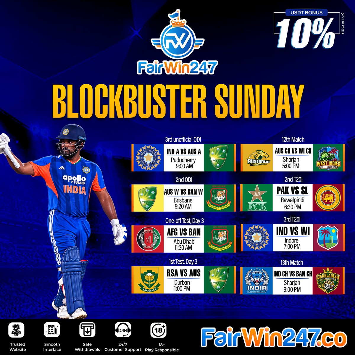 FairWin_247's tweet photo. Happy Sunday all! 🏏🔥

Lots of games today, Play safe.

Still searching for a Trusted site? You might have missed https://t.co/1pb7rnMOvf! 👑

🔹 Secure Payments
🔹 Friendly Customer Care
🔹 10% Crypto Deposit Bonus
🔹 Innovative Giveaways

By The Punters, For The Punters! 💙 https://t.co/7iOn4NBObk