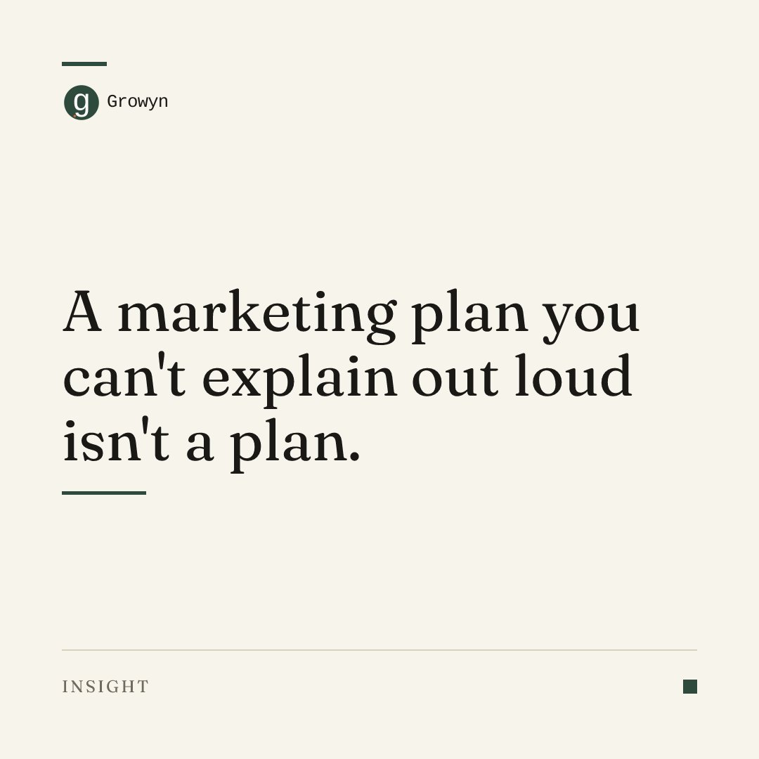 growynlabs's tweet photo. A marketing plan you can't explain out loud isn't a plan. It's a PDF you paid for. https://t.co/fK06ZT8Huo