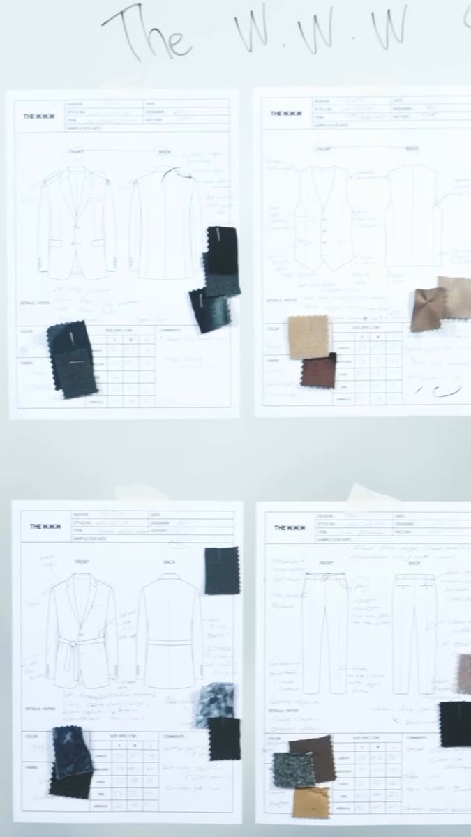 Fashion design sketches labeled 'THE W.W.W' featuring front and back views of a suit jacket, vest, dress, and pants with fabric swatches attached.
