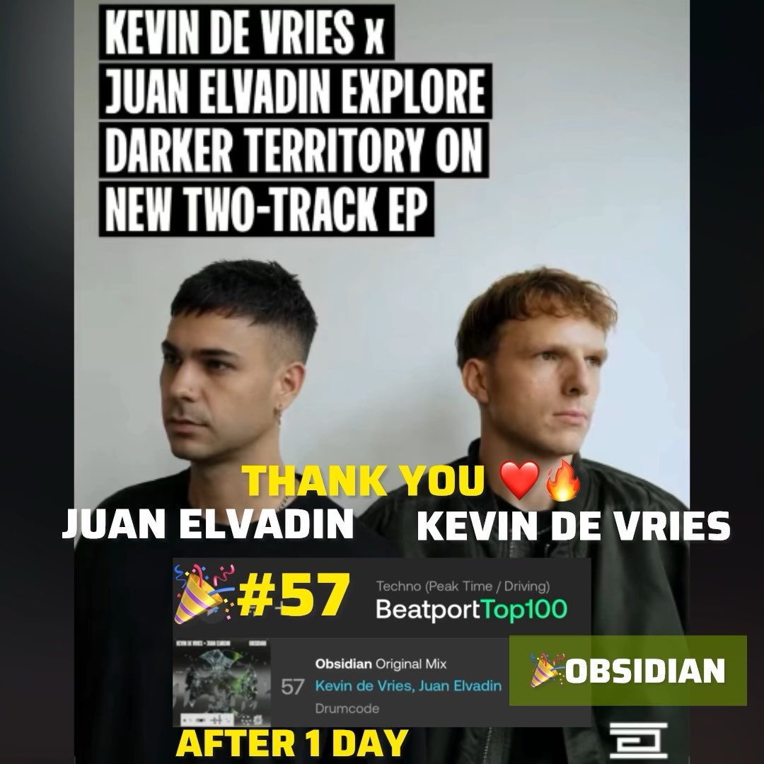 Social media graphic announcing the techno track 'OBSIDIAN' by KEVIN DE VRIES and JUAN ELVADIN reaching #57 on the Beatport Top 100 (Peak Time / Driving) after 1 day.