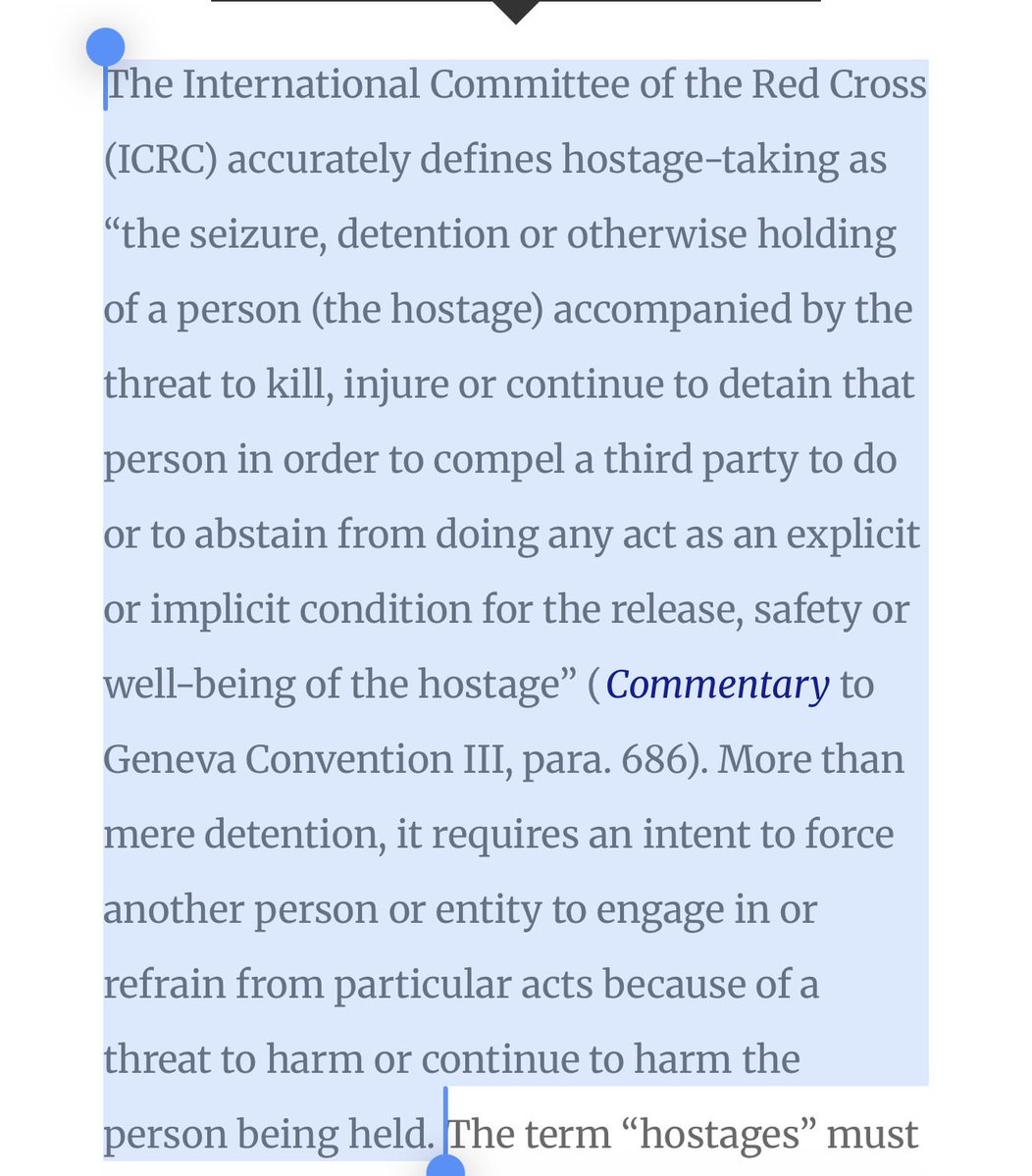 MsJamshidi's tweet photo. Intl lawyer here. Soldiers captured during an intl armed conflict - which applies to Gaza - are POWs not hostages according to the ICRC. The term “hostage” applies to civilians taken by a party in order 2 coerce a 3rd party - which is how Israel uses many Palestinians it captures https://t.co/XmFleIBIu3