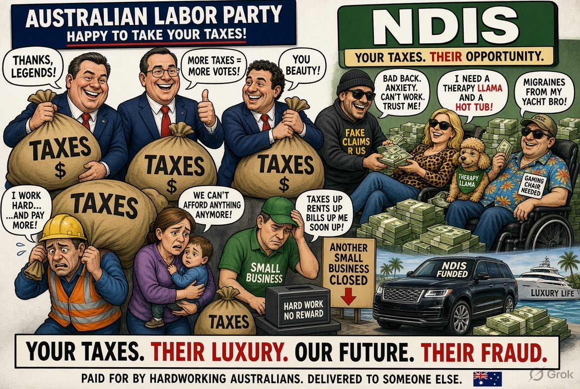 308Mark59708's tweet photo. Sicking of paying more taxes for Labor to fund failing renewables experiments, and NDIS fraud. https://t.co/VvZvHGjMBS
