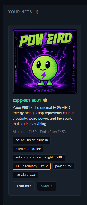 EntropyChainDev's tweet photo. First random NFT mint on testnet-4 ⚡

Zapp #001 was minted at block 452. Its traits came from block 453, mined after the mint, so nobody could pick them, not even us.

It rolled legendary. Check it yourself: https://t.co/QJ4k6PKDcv

#NFT #blockchain https://t.co/VEd3g2XscE
