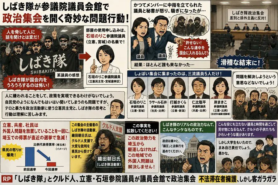 ishiitakaaki's tweet photo. しばき隊が議員会館で院内集会しました。石垣のりこ事務所の支援で。ところが客はガラガラ、遠望した秘書によると１０人ぐらい。議員出席者は三流５人。普通の日本人には、ラサール石井が出席したことに「なんの意味があるの」と思うでしょうが、しばき隊の世界観では「大成功」のようです。しばき隊の政治力、人気なんてこんなもの。それどころか触ったらアウトでしょう。粛々と警察は鎮圧すればいいのに。

「しばき隊」とクルド人、立憲・石垣参院議員が議員会館で政治集会-不法滞在者擁護、しかし客ガラガラ　https://t.co/lqaJSeBmEJ　＃しばき隊