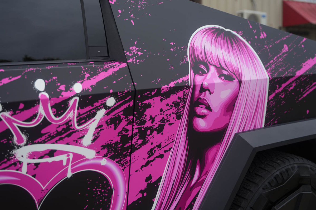diywrapclub's tweet photo. We had the pleasure of wrapping this Cybertruck for @nickiminaj so she could ride in style at @thextakeover! Hope y'all got to see it in person today! 🎀 

Stay tuned for a video releasing tonight on the full wrap experience 🩷 ✨️ https://t.co/BU3nkzZOxu