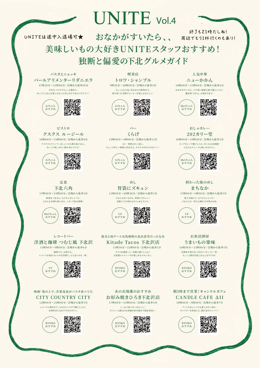u_nite3's tweet photo. 📢staff meiです！
ついにイベント当日！天気も晴れてひと安心☀︎ぜひお気軽にご来場ください。

今回のイベントではフードの提供がないため、UNITEスタッフおすすめの下北グルメガイドを用意しました🍜🥢
イベントの前に、途中に、後に、お腹を満たしに行ってみてくださいね🪽 https://t.co/h02CPb6qT9