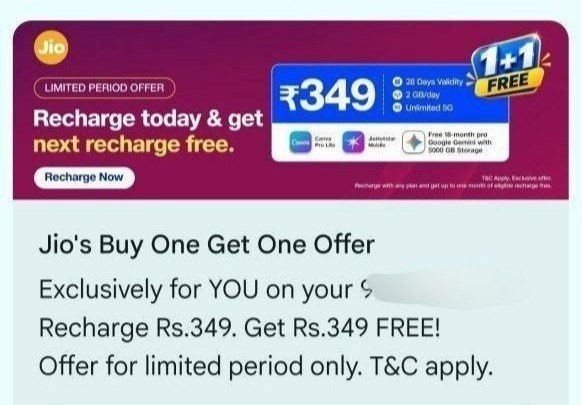 TechEarnTips's tweet photo. Jio Recharge Buy 1 Get 1 Offer

Check your SMS! If you have received a 'Buy 1 Get 1 Free' recharge message from Jio, make sure you definitely claim this offer.

When you recharge once, another identical plan will automatically be added to your number for absolutely free https://t.co/fDYobUKDv3