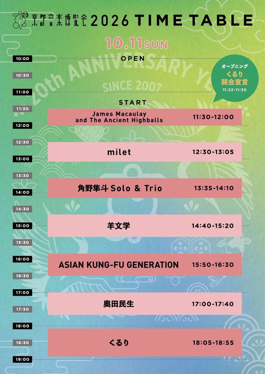 XZ01999's tweet photo. 🎤 京都音楽博覧会2026｜#くるり

京都音楽博覧会2026のステージを飾る、くるり！

📅 10月11日(日)
⏰ 18:05〜
📍 京都・梅小路公園 芝生広場

📺公式生中継はこちら👇
https://t.co/GXgLfk8LdZ

音楽と京都の魅力が重なる特別な時間を、最後まで楽しみましょう！

#京都音楽博覧会 #京都音博2026 https://t.co/iNq9ycSVim