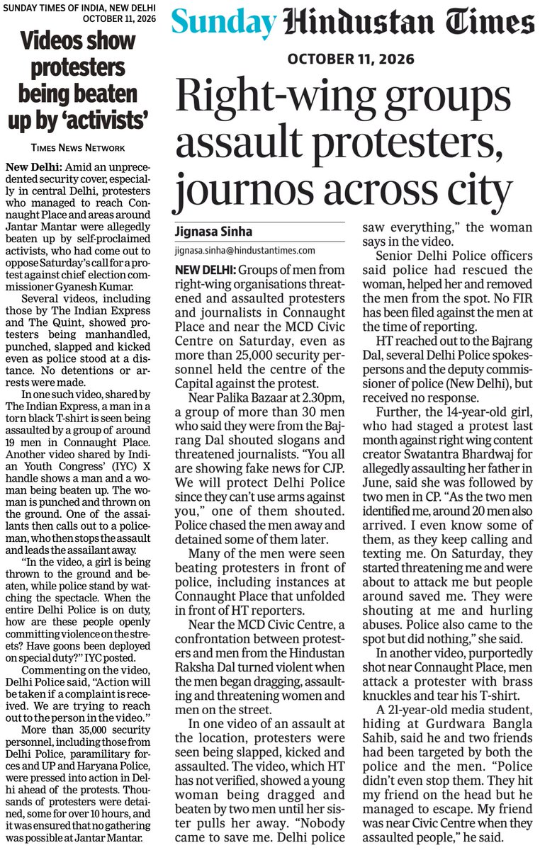 beastoftraal's tweet photo. Hindustan Times dares to identify the hooligans, while Times of India protects them under "activists". https://t.co/VhAk2RuBA4