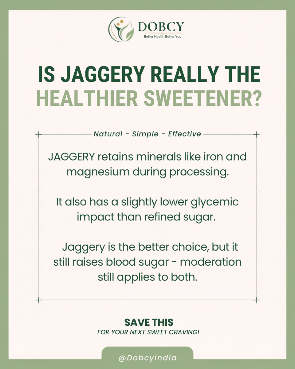 dobcyindia's tweet photo. Is jaggery really healthier than sugar?
Jaggery keeps small amounts of iron and magnesium. Sugar has none.
But both have almost the same calories and both raise blood sugar.
Better choice? Yes. Free pass? No.
Save this for your next craving.
#Jaggery #HealthyEating https://t.co/V0yjiAzNGU