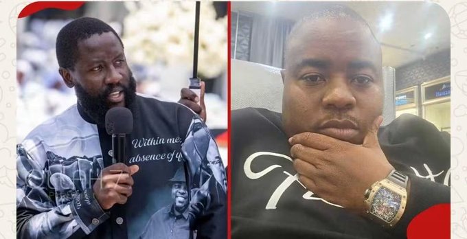 A split image shows Wicknell Chivayo, the Zimbabwean businessman, on the left holding a microphone wearing a shirt reading "Within me, absence of," alongside Joachim Chivayo on the right in a black shirt, illustrating the post about the Chivayo family's stern warning to business associates following presidential calls.