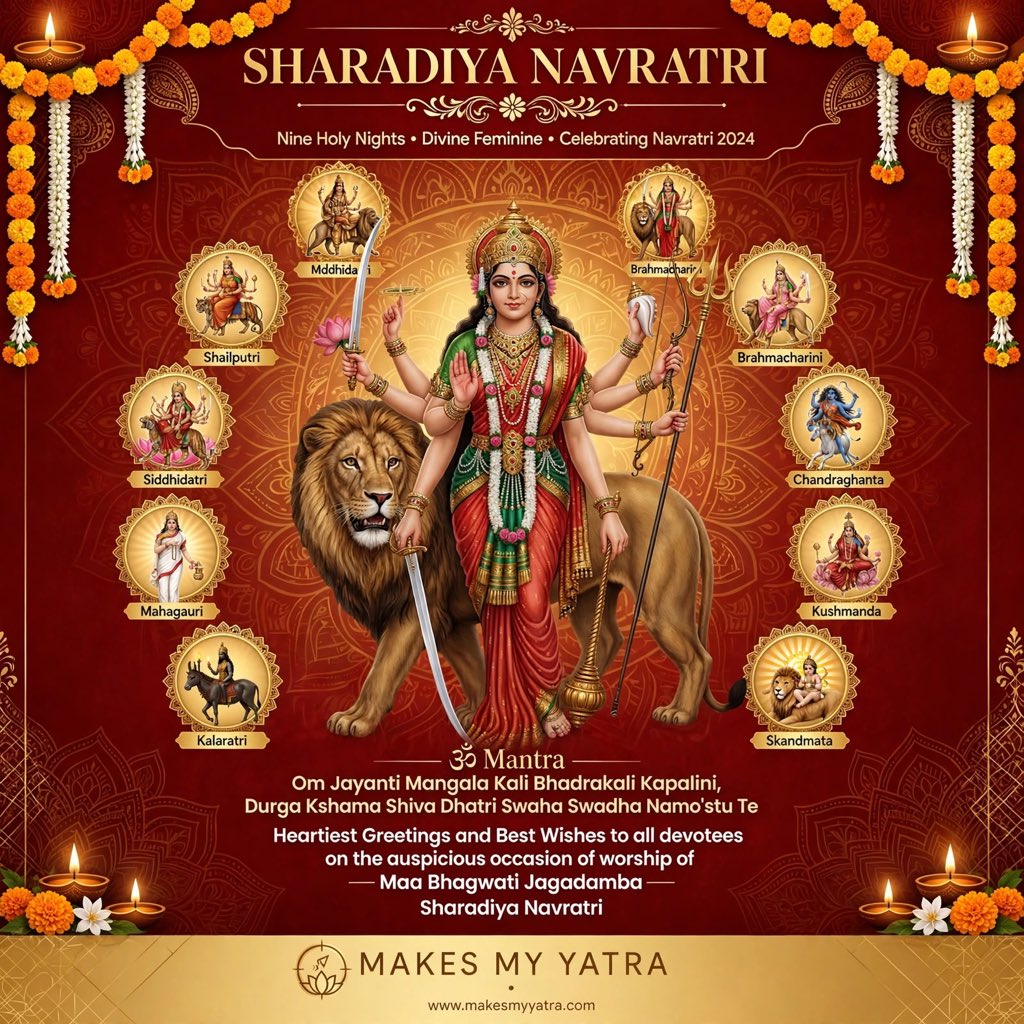 makesmyyatra's tweet photo. On this auspicious occasion of Sharadiya Navratri, Makes My Yatra extends heartiest greetings to all devotees. 🙏May Maa Bhagwati Jagadamba bless your life with strength, wisdom, and prosperity. May your spiritual journey be filled with devotion and divine energy.
#jaimatadi https://t.co/CL3OA15zO8