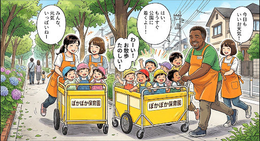 Drakeex97's tweet photo. 本日のウォーキング中に見た一コマ。保育園の園児達のお散歩に遭遇。若い女性の保育士に混じり1人の中年の太った黒人の保育士がいました。差別するわけではありませんが保育士の資格をどうやって取得したのか？この保育園に何故？世田谷区の尾山台という高級住宅地です。 https://t.co/Rpl2zdfIg4