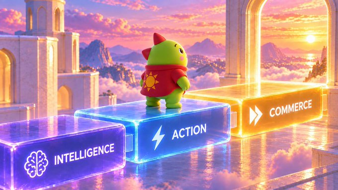 An animated green character in a red outfit stands on glowing blue and orange blocks labeled 'INTELLIGENCE', 'ACTION', and 'COMMERCE' against a dreamy sunset sky with mountains and clouds.