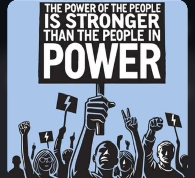 A black and white illustration of a crowd holding protest signs with the bold text 'THE POWER OF THE PEOPLE IS STRONGER THAN THE PEOPLE IN POWER'.