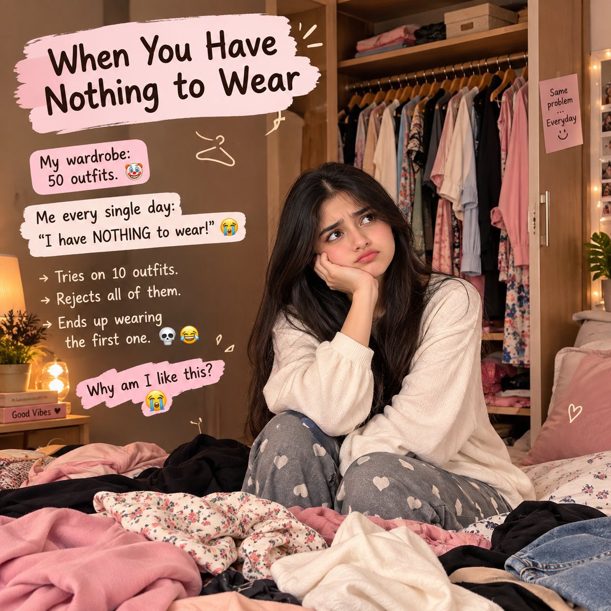 varsham9afo's tweet photo. Wardrobe full of clothes, but NOTHING to wear. ๐ญ๐
Why are we all like this? ๐๐
#Relatable #GirlProblems #FunnyTweets https://t.co/FxLkWT8aha
