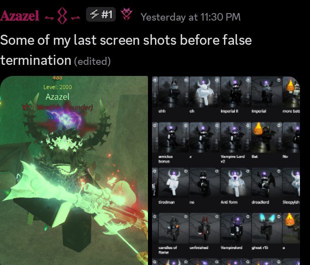 AzazelMistake's tweet photo. @roblox my acc i spent over 20k usd get enforcement banned by being linked with accounts ive never heard of and my only appeals being rejected by ai and humans sending copy and paste replys putting me in a loop and ignore all my screenshots of evidence and whatever i write down. https://t.co/1nPotsHHOY