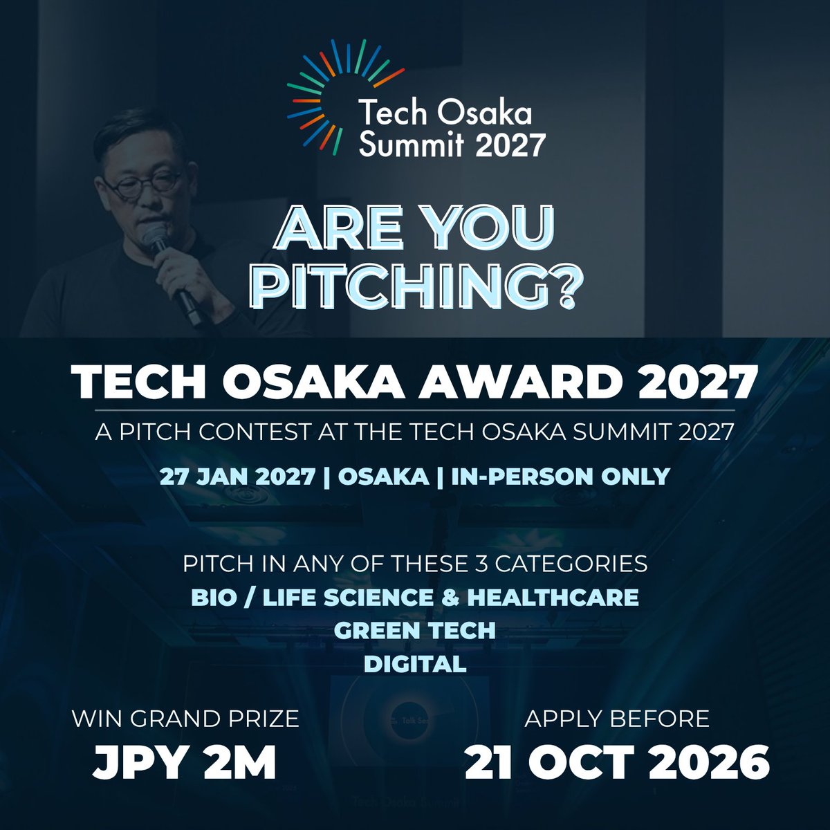 VenCafeTokyo's tweet photo. TECH OSAKA AWARD 2027、あなたもピッチに挑戦しませんか？

応募締切まで、あと10日！
今すぐ応募 → https://t.co/iA26O5tiMD
世界への挑戦は、このステージから。

TECH OSAKA AWARD 2027は、スタートアップ、大企業、投資家から、大学・研究機関、行政機関、支援機関まで、多彩なプレイヤーが集う TECH OSAKA SUMMIT 2027で開催されるピッチコンテストです。

TECH OSAKA SUMMIT 2027がフォーカスするのは、大阪・関西が強みを持つ3つの分野：
💡 バイオ・ライフサイエンス／ヘルスケア
💡 グリーンテック
💡 デジタル

これらの分野で挑戦する皆さまへ。
事業を大きく前進させ、新たな可能性を切り拓くつながりを、ここでつかみませんか？
さらに、賞金獲得のチャンスも！
✦ グランプリ：賞金200万円
✦ 優秀賞：賞金50万円
受賞者には、賞金に加え、事業成長を加速させるさまざまな支援の機会も用意されています。

その大きな志を、世界での飛躍につなげよう。

‼️ 重要 ‼️
応募締切：2026年10月21日
決勝：2027年1月27日｜大阪開催｜現地参加のみ
