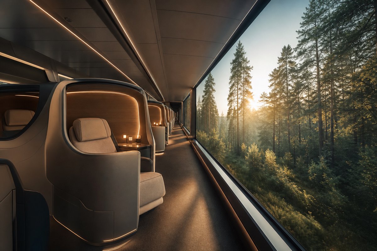 moshimo_labo_jp's tweet photo. AIに「2040年の通勤電車」を描かせたら、
全席が個室になりました。

窓は全面スクリーンで、今日は森の中。
通勤が、1日でいちばん静かな時間になる未来。 https://t.co/cTvzYubvDk