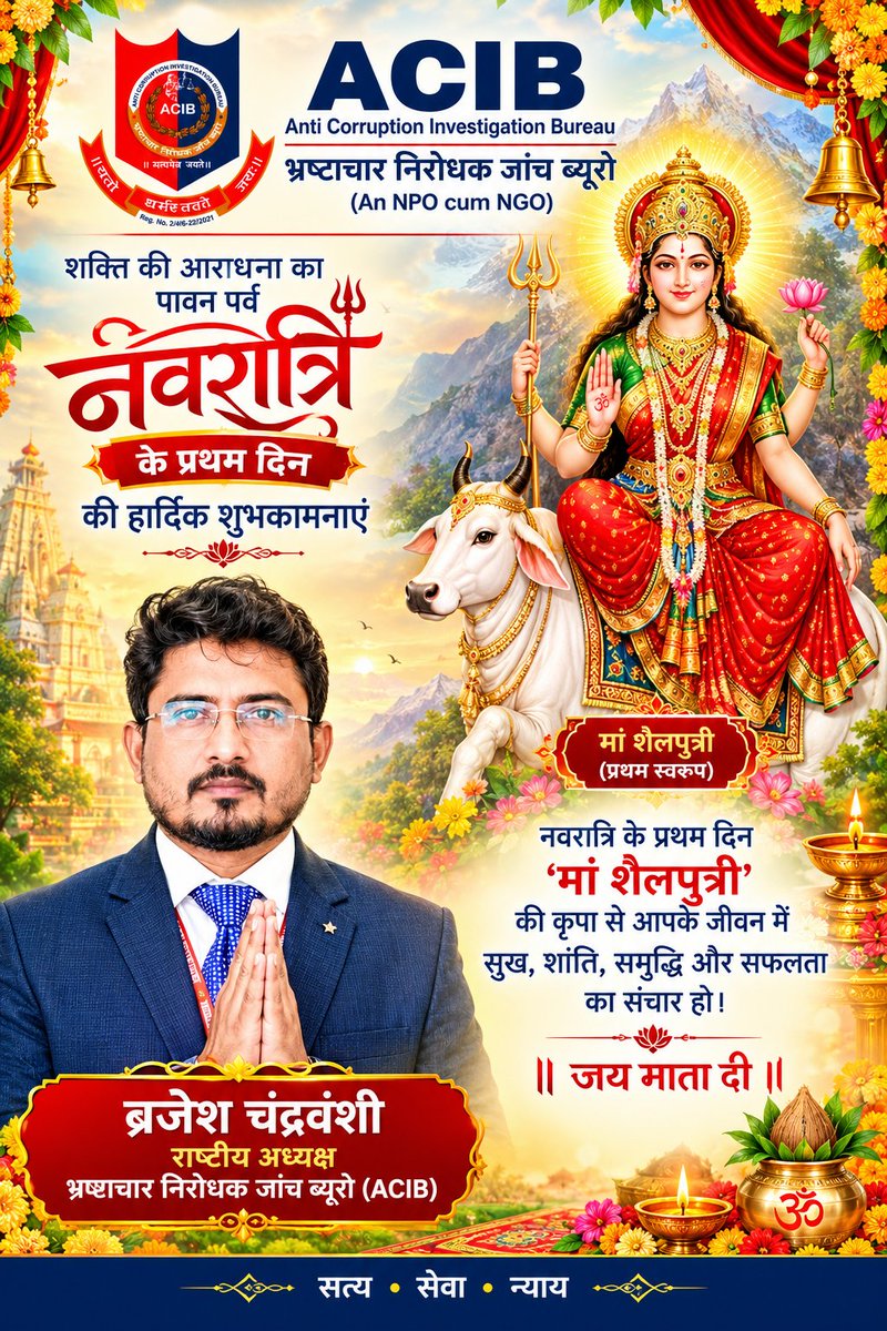 acib_india's tweet photo. माँ शैलपुत्री की कृपा से सभी के जीवन में सुख, शांति, समृद्धि एवं नई ऊर्जा का संचार हो। 🙏
ACIB मुख्यालय की ओर से समस्त देशवासियों को नवरात्रि के प्रथम दिवस की हार्दिक मंगलकामनाएँ।
जय माता दी।🙏🙏🚩🚩
#ACIB #navratricelebration #acibchief #brajeshchandravanshi #maadurga https://t.co/AQLA8d1MBH