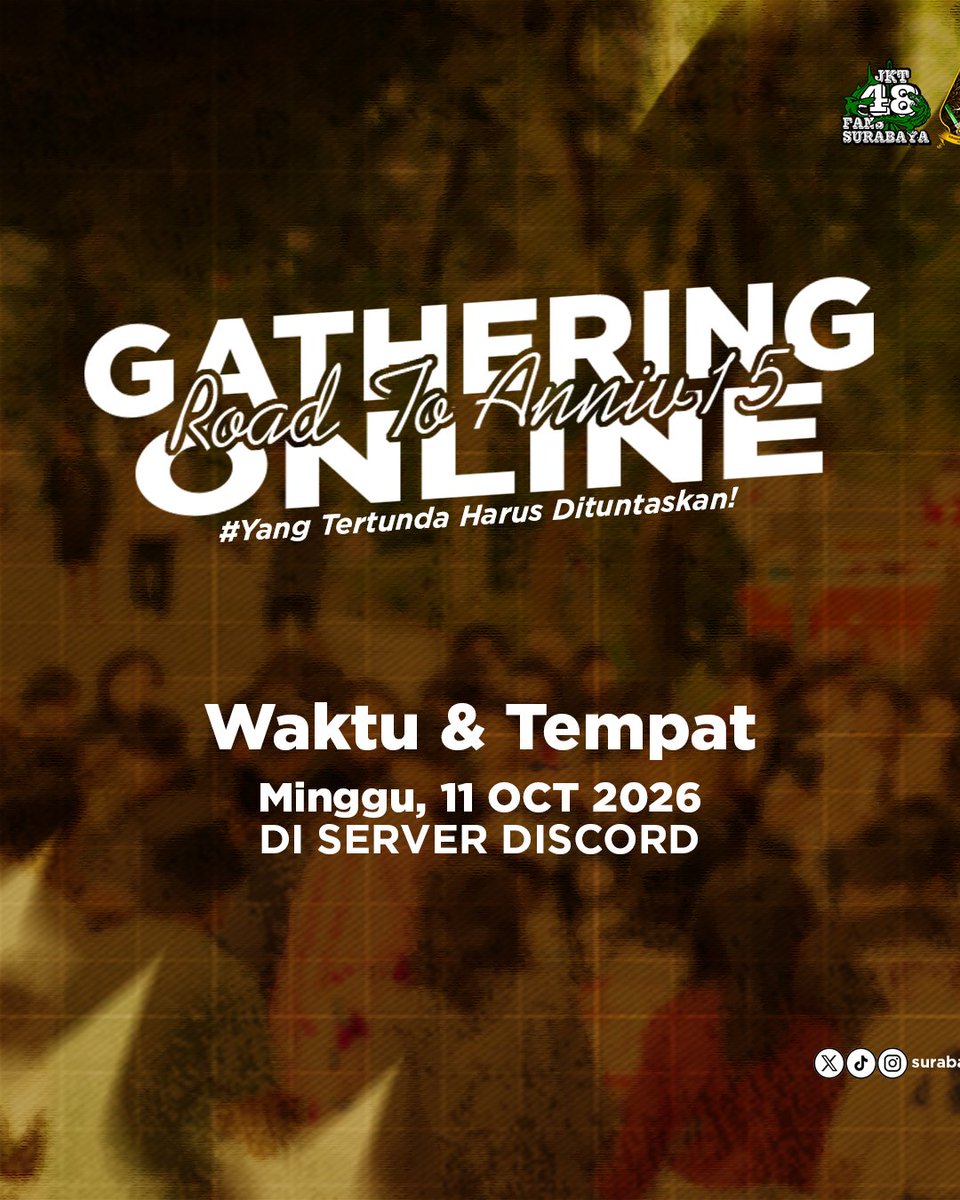 sby48timprojek's tweet photo. Yuk kumpul lagi via online buat ngobrolin Project² Anniv15thJKT48 yang akan datang di graha unesa nanti!

🗓 Hari/Tanggal: Mingu, 11 Oktober 2026

⏰ Waktu: 19:00 WIB

📍 Lokasi: Discord/ link https://t.co/0zL6FsA0C6

Siapkan ide terbaikmu dan jangan lupa makan! https://t.co/CzCTbd9O5I